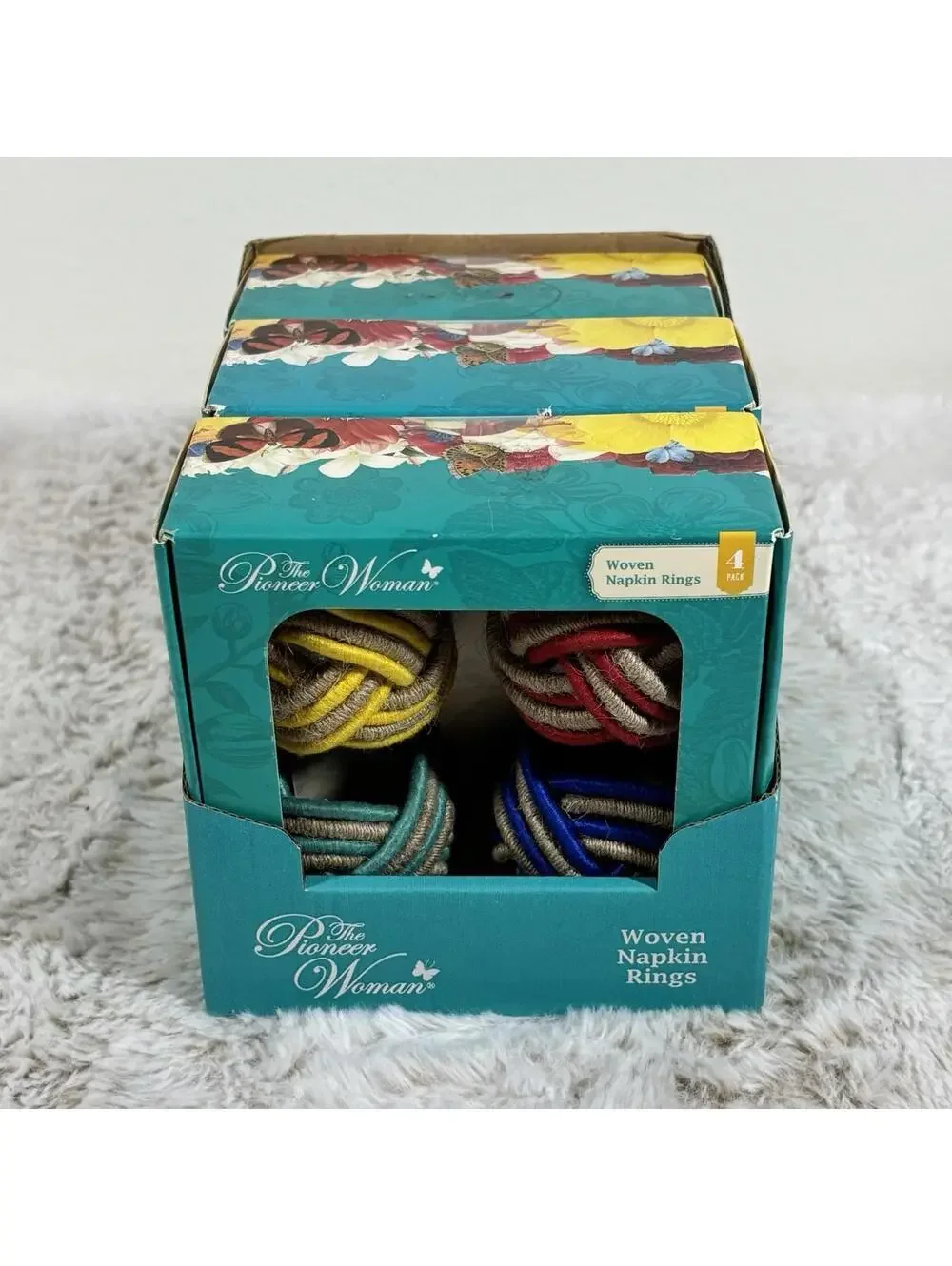 The Pioneer Woman Woven Napkin Rings 12pc (3 Boxes) Colorful Rope Knot NEW